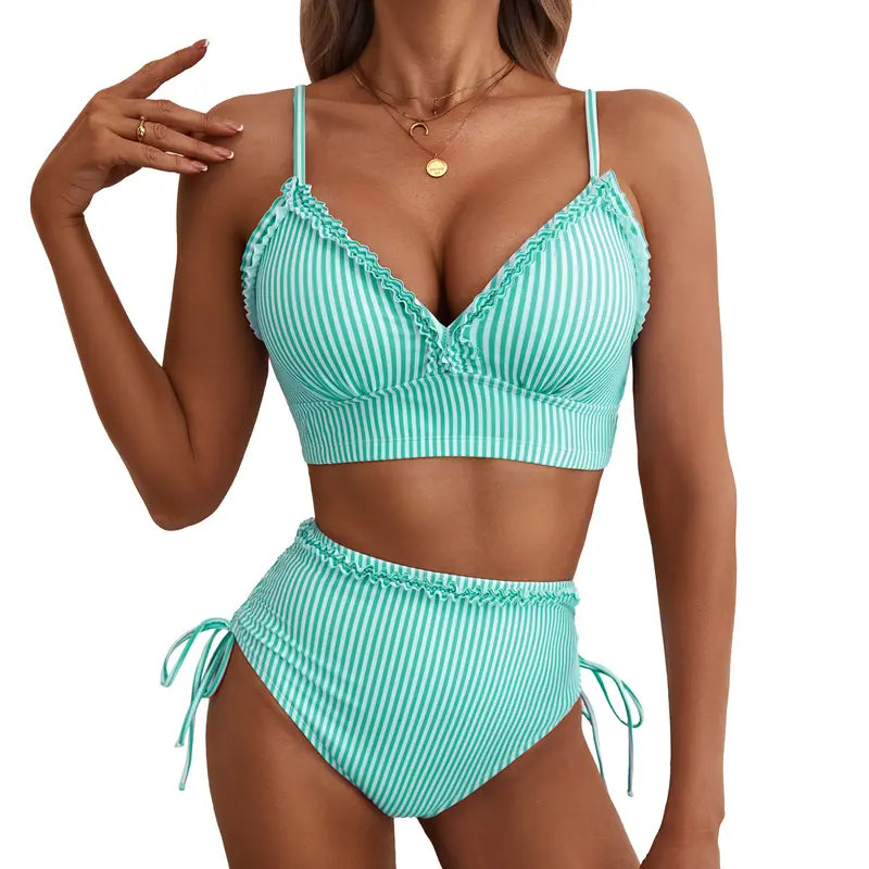 Pásikavé bikiny s vysokým pásom a nastaviteľným viazaním