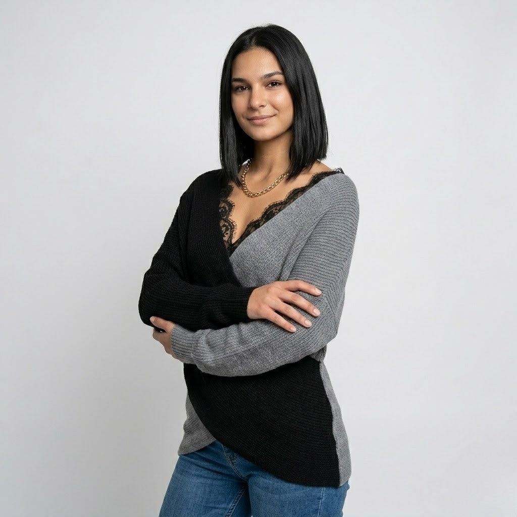 Pletený sveter zo zmesi polyesteru a elastanu so splývavým strihom a čipkovaným detailom