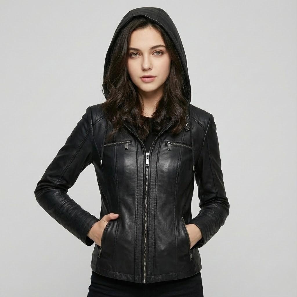 Bunda zo syntetickej kože s priliehavým strihom a kapucňou
