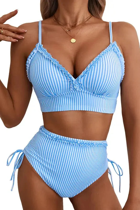 Pásikavé bikiny s vysokým pásom a nastaviteľným viazaním