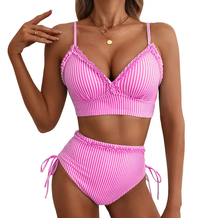 Pásikavé bikiny s vysokým pásom a nastaviteľným viazaním