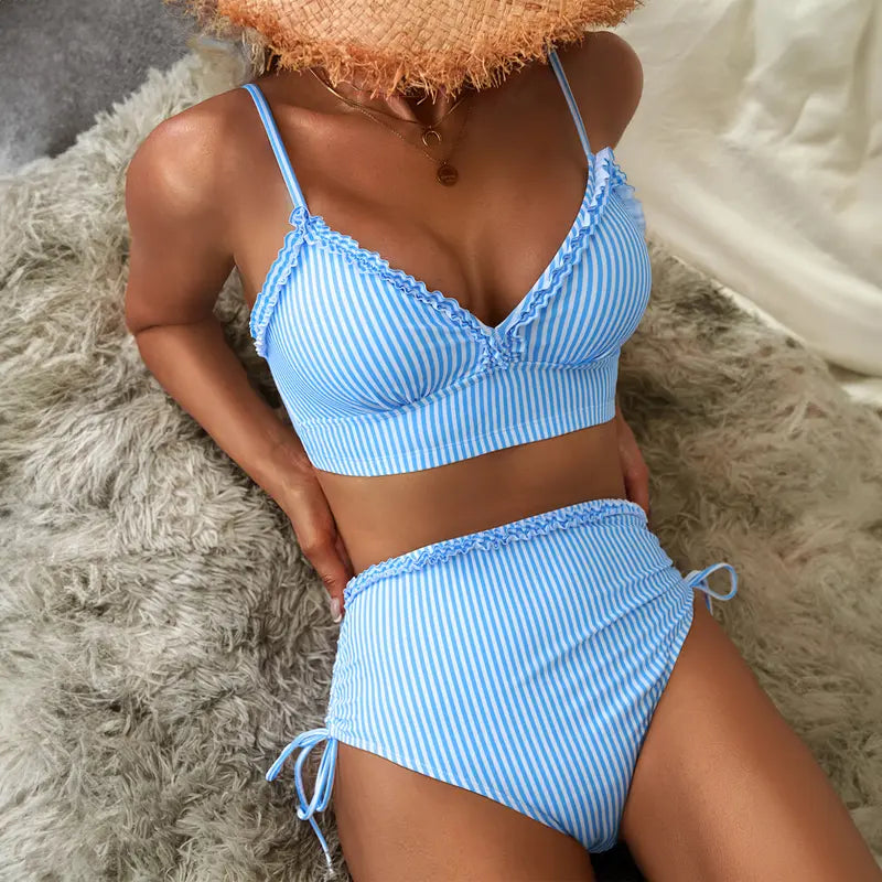 Pásikavé bikiny s vysokým pásom a nastaviteľným viazaním
