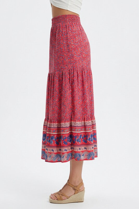 Boho midi sukňa s kvetinovým vzorom