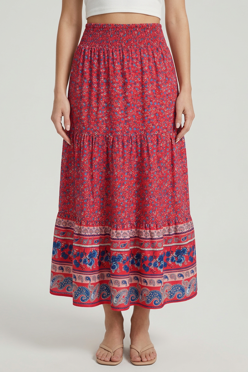 Boho midi sukňa s kvetinovým vzorom
